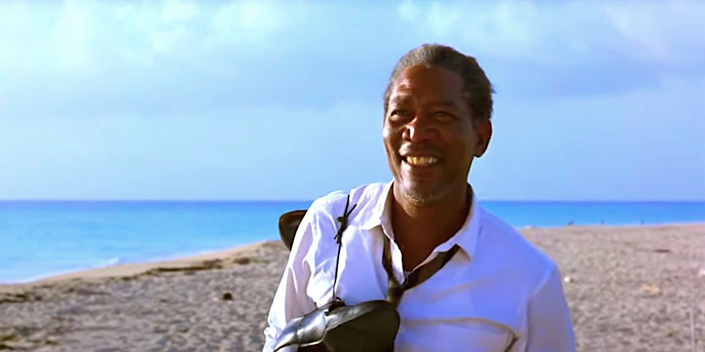 A smiling Red on the beach in The Shawshank Redemption's ending
