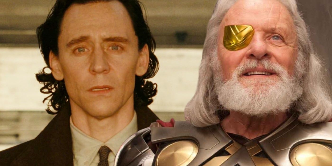 A split image featuring close-ups of Odin (Anthony Hopkins) and Loki (Tom Hiddleston) in the MCU
