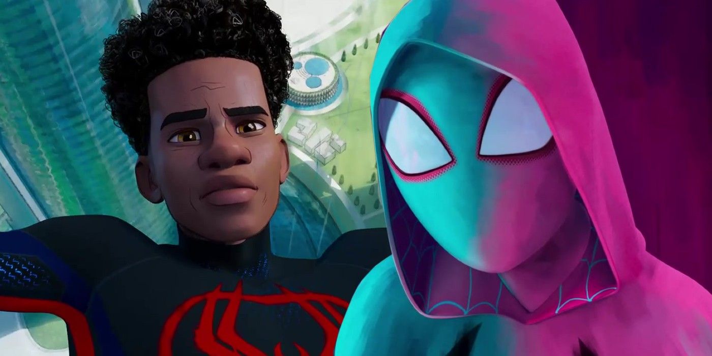 A split image of Gwen and Miles in Spider-Man Across the Spider-Verse