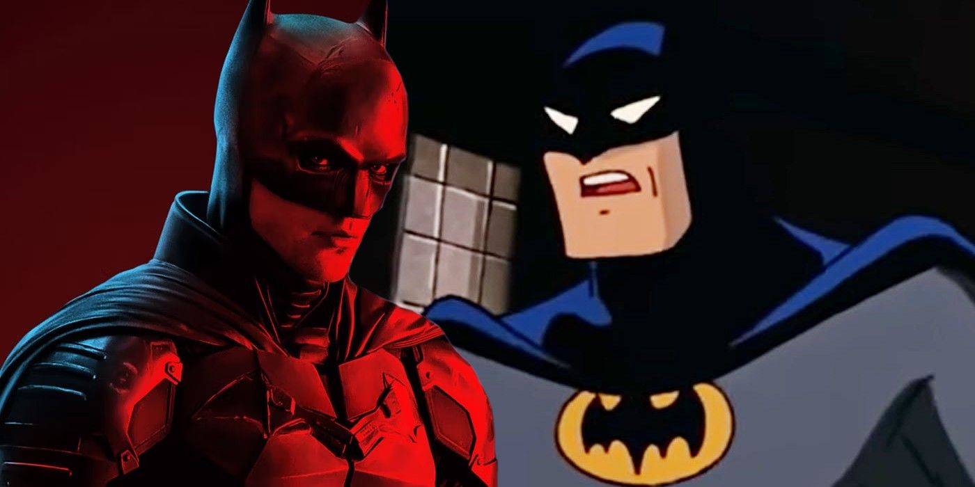 A split image of Robert Pattinson's Batman and the character in Batman The Animated Series