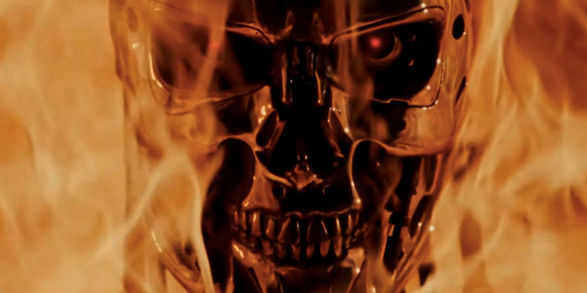 A Terminator engulfed in flames in the T2 opening credits