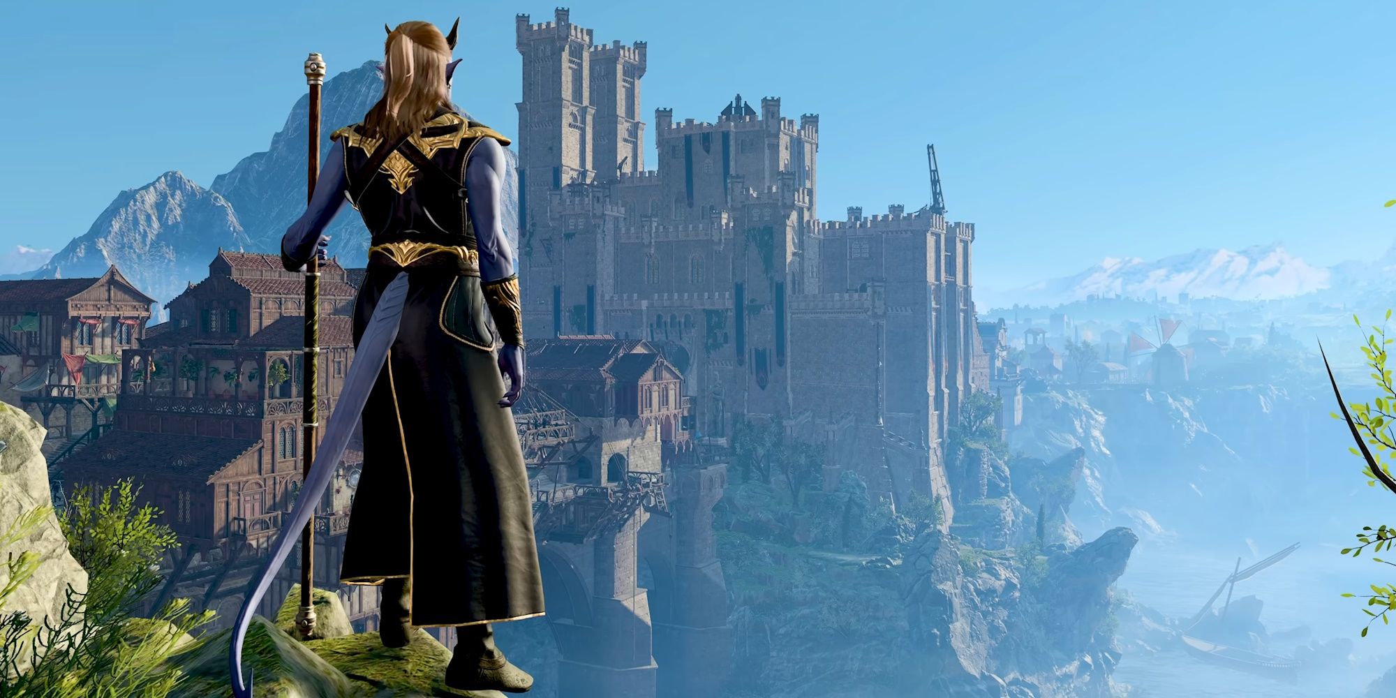 A tiefling player character stands on a high rock looking over the city in Baldur's Gate 3