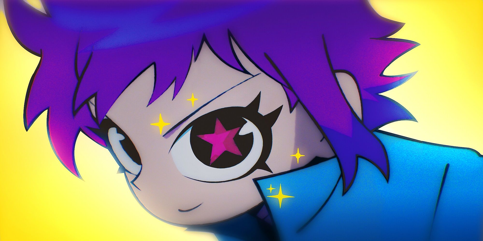 Screenshot from Scott Pilgrim Takes Off anime shows Ramona Flowers with blue and purple hair and a pink star inside of her eye.