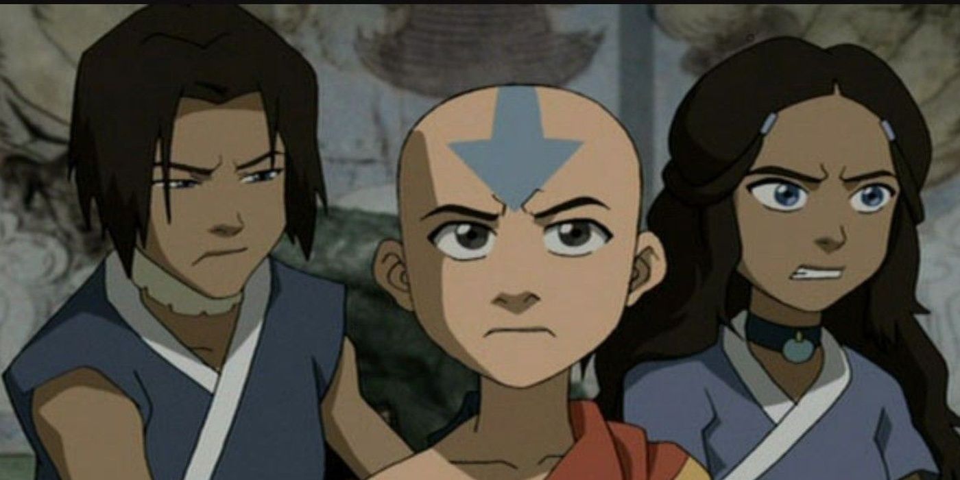 Sokka, Aang, and Katara standing together disheveled in Avatar: The Last Airbender animated series