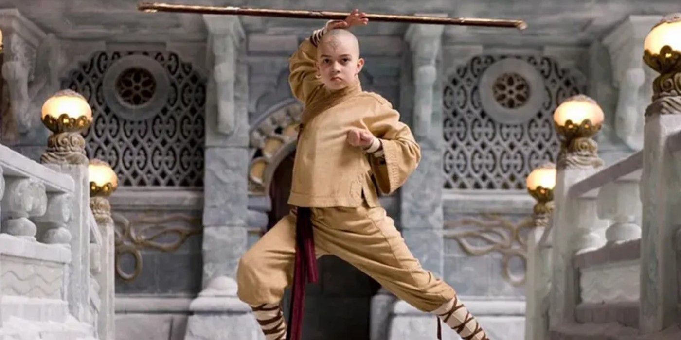 Noah Ringer as Aang holding his staff up in 2010's live-action Avatar: The Last Airbender