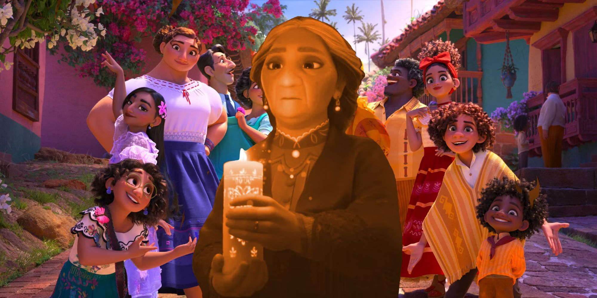 Abuela holding a candle with the Madrigal family in the background in Encanto