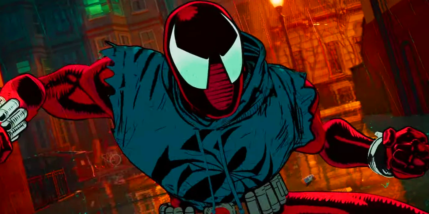 Across the Spider-Verse's Ben Reilly Scarlet Spider preparing for a fight
