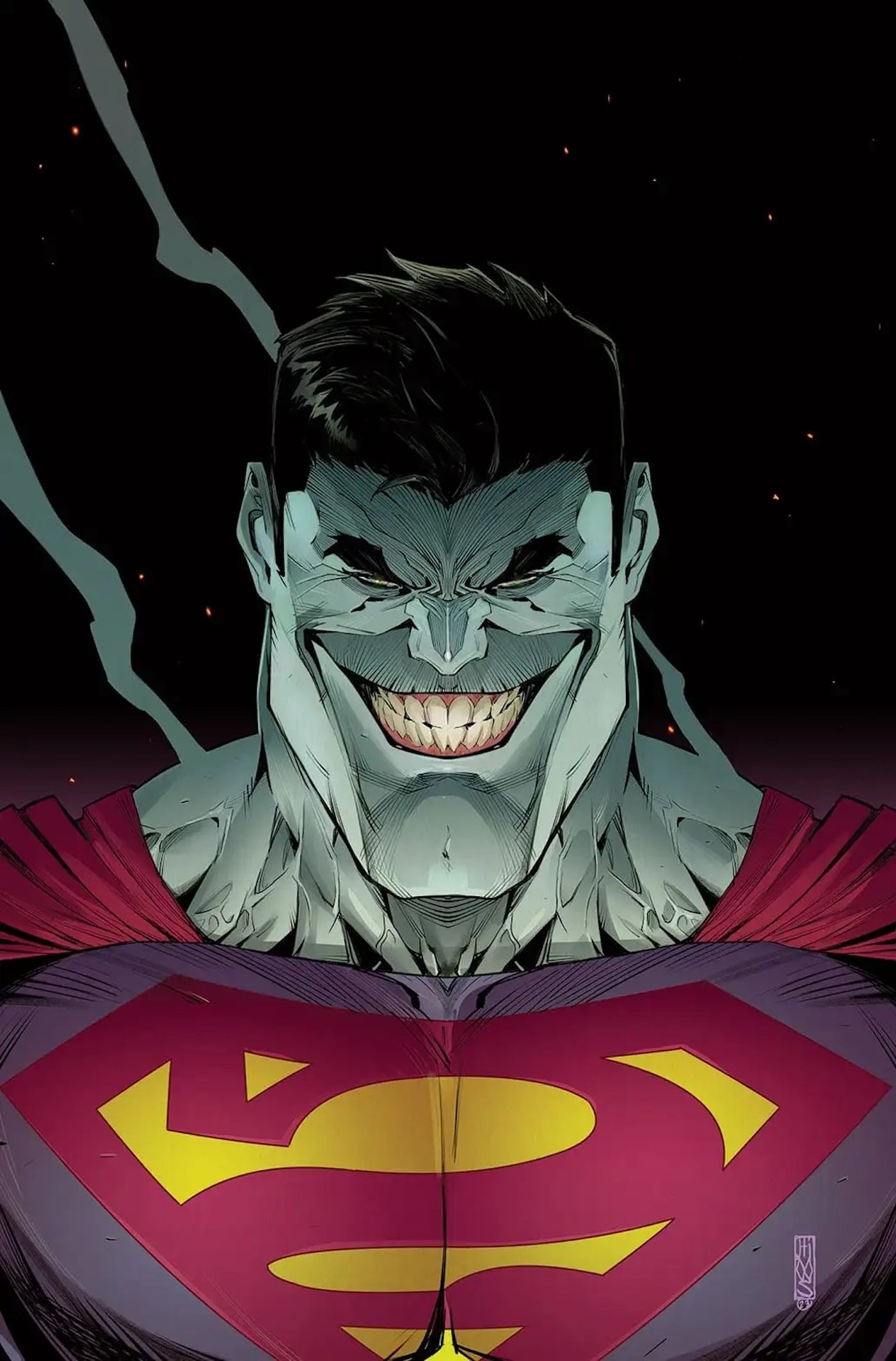 Bizarro wearing the reverse Superman crest grins menacingly.