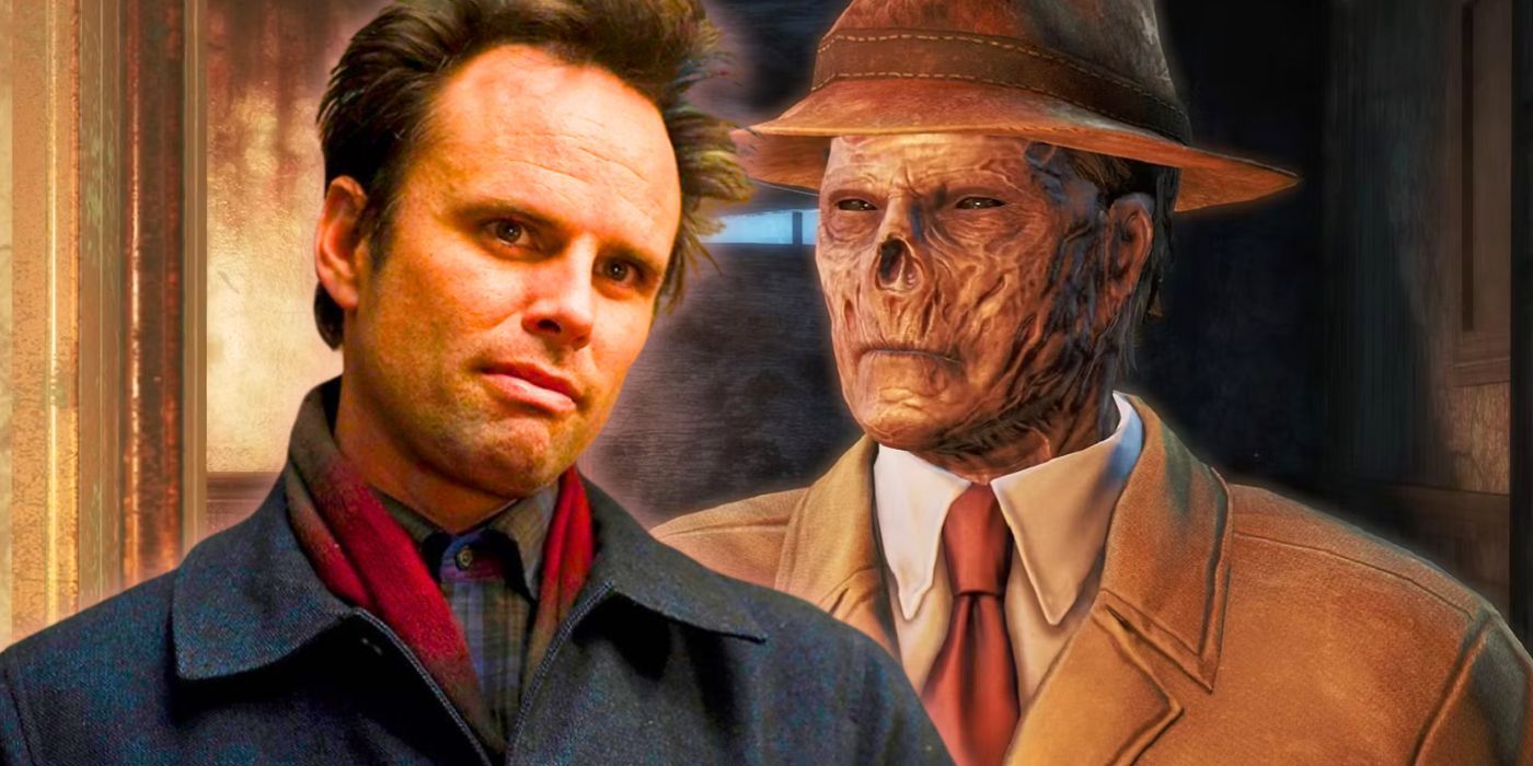 Actor Walton Goggins side-by-side with a Ghoul from Fallout