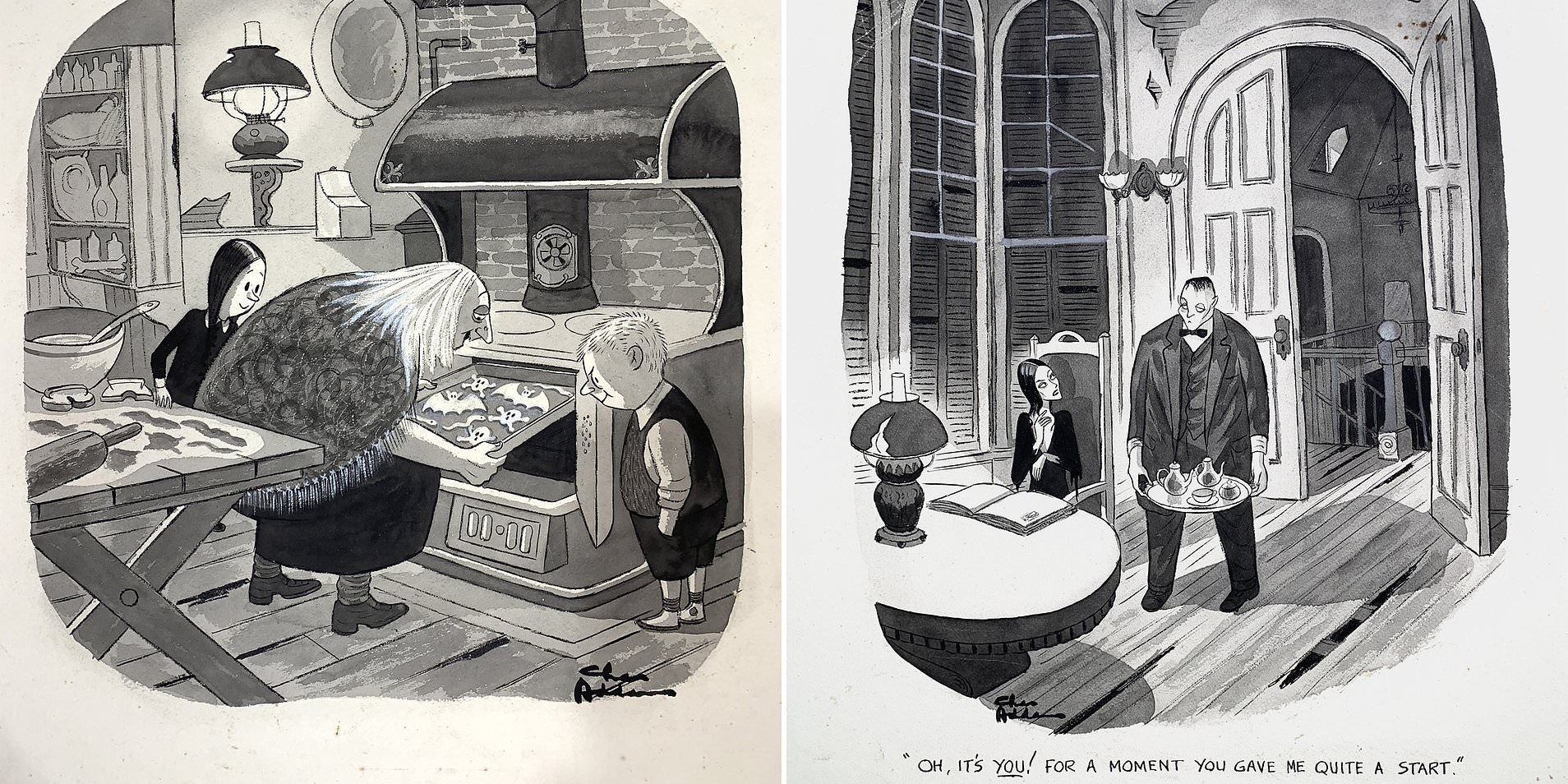 The Addams family in the original comic strip cooking and having tea