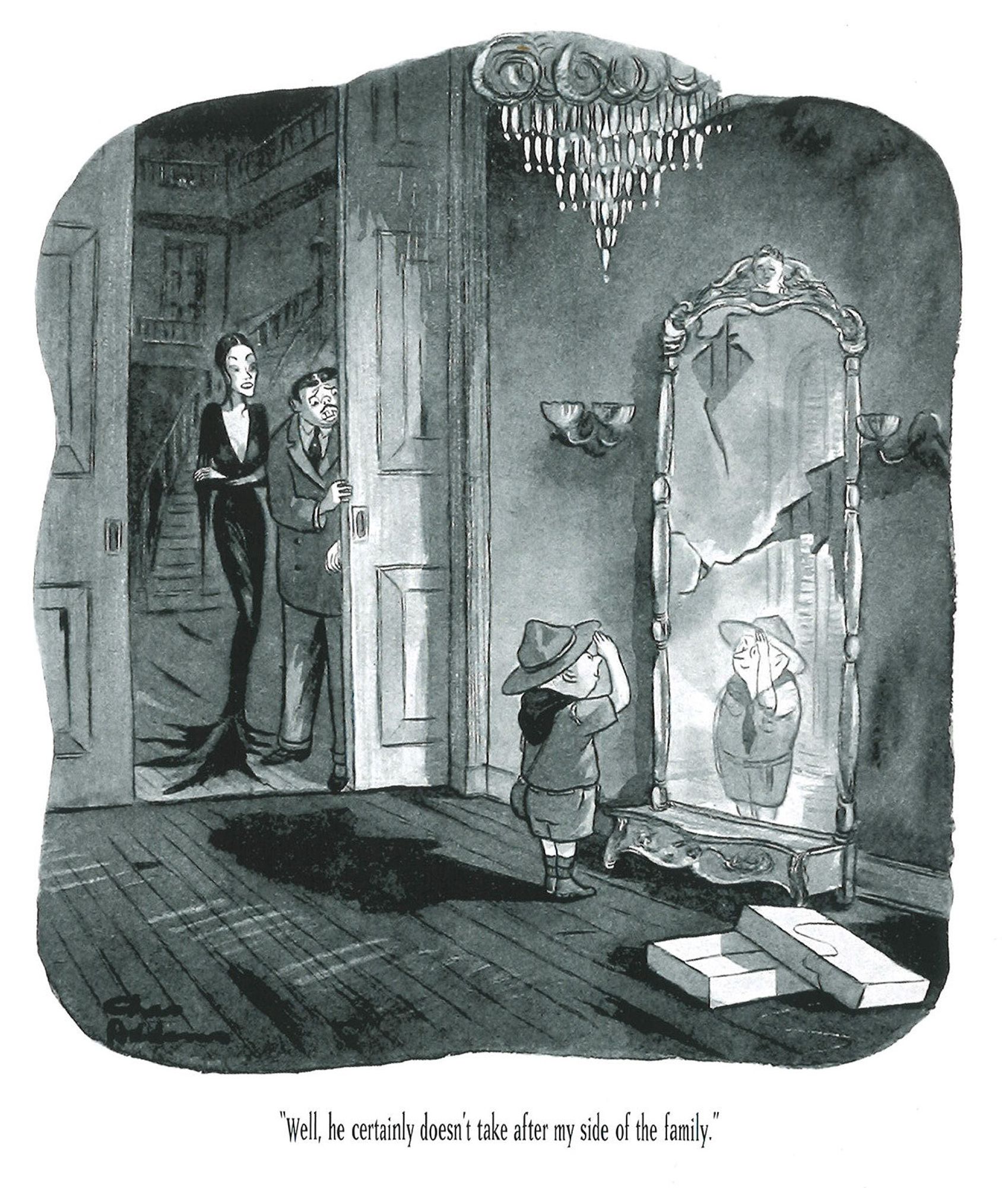 Addams Family Gomez and Morticia look at Pugsley