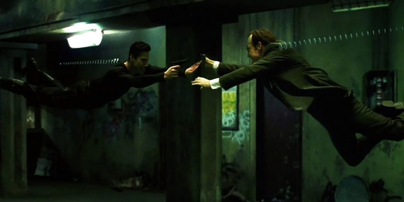 Agent Smith fighting Neo in The Matrix's subway scene