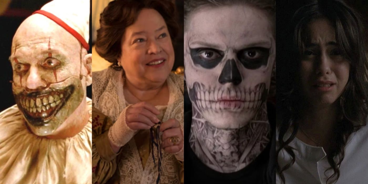 Side by side images feature Twisty the Clown, Delphine LaLaurie, Tate Langdon, and Maria the nurse in American Horror Story