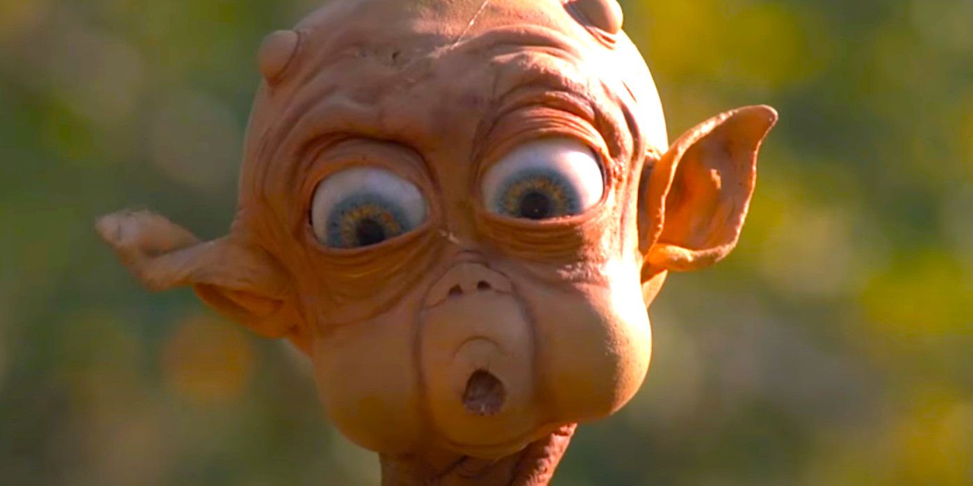 The alien from Mac and Me makes a startled face, his huge eyes bulging and his mouth formed into a shocked O