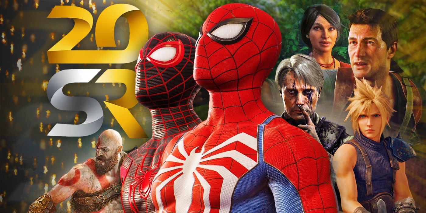 Screen Rant 20th Anniversary logo with characters from the article including Spider-Man, Mlles Morales, Kratos and Nathan Drake.