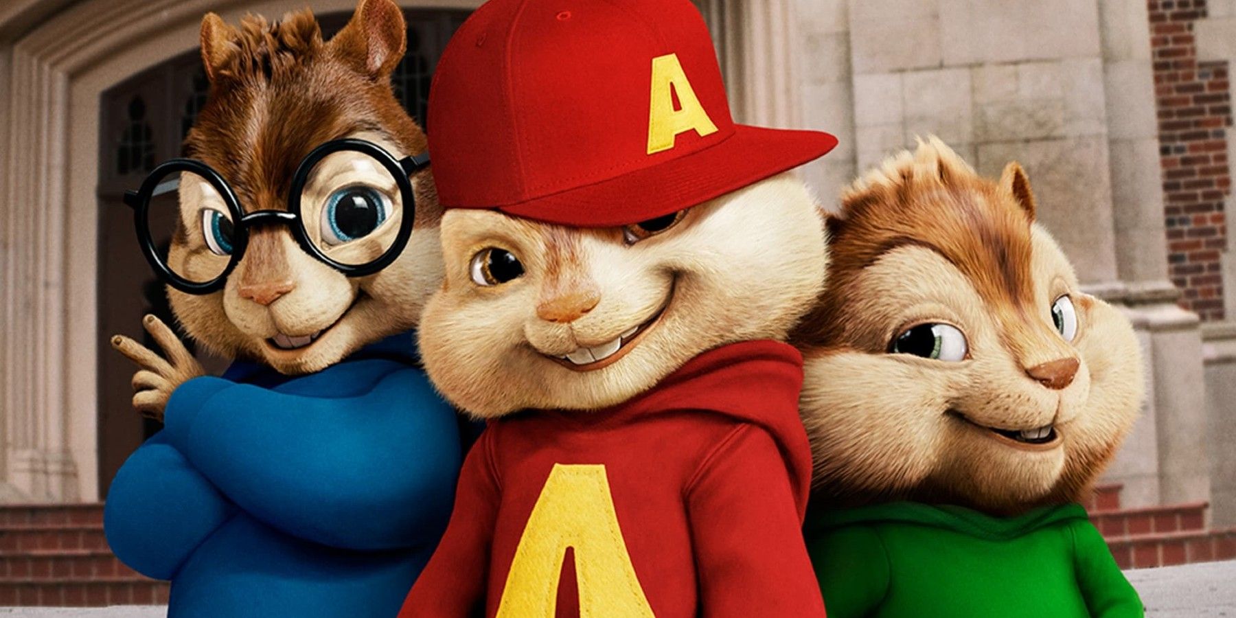 Alvin and the Chipmunks 2 the Squakquel promotional image of the chipmunks smiling at the camera.