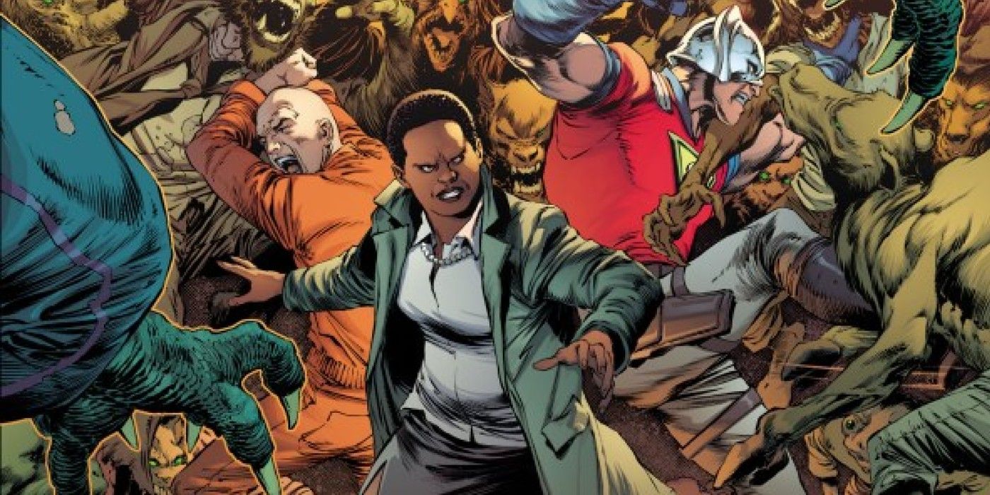 Imagem em destaque: Amanda Waller na frente e no centro, enquanto o caos da crise do Beast World da DC se agita ao seu redor