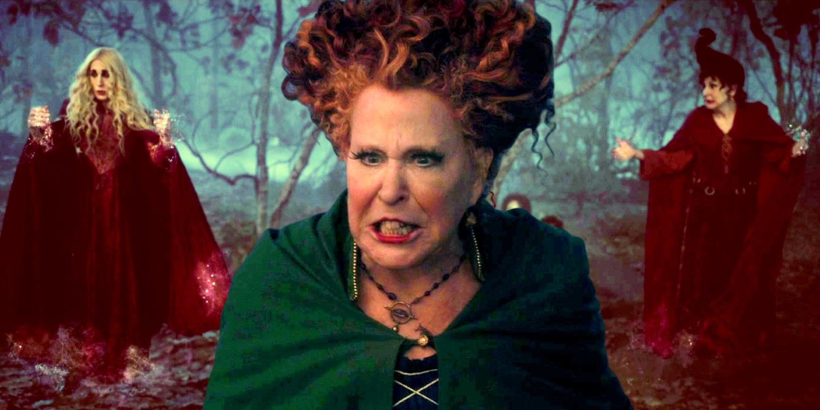An angry Winifred with Sarah and Mary behind her in Hocus Pocus 2