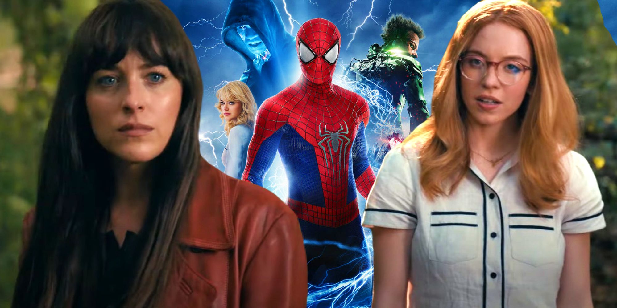 The poster for The Amazing Spider-Man 2 showing Andrew Garfield's Spider-Man between Dakota Johnson and Sydney Sweeney as seen in Madame Web