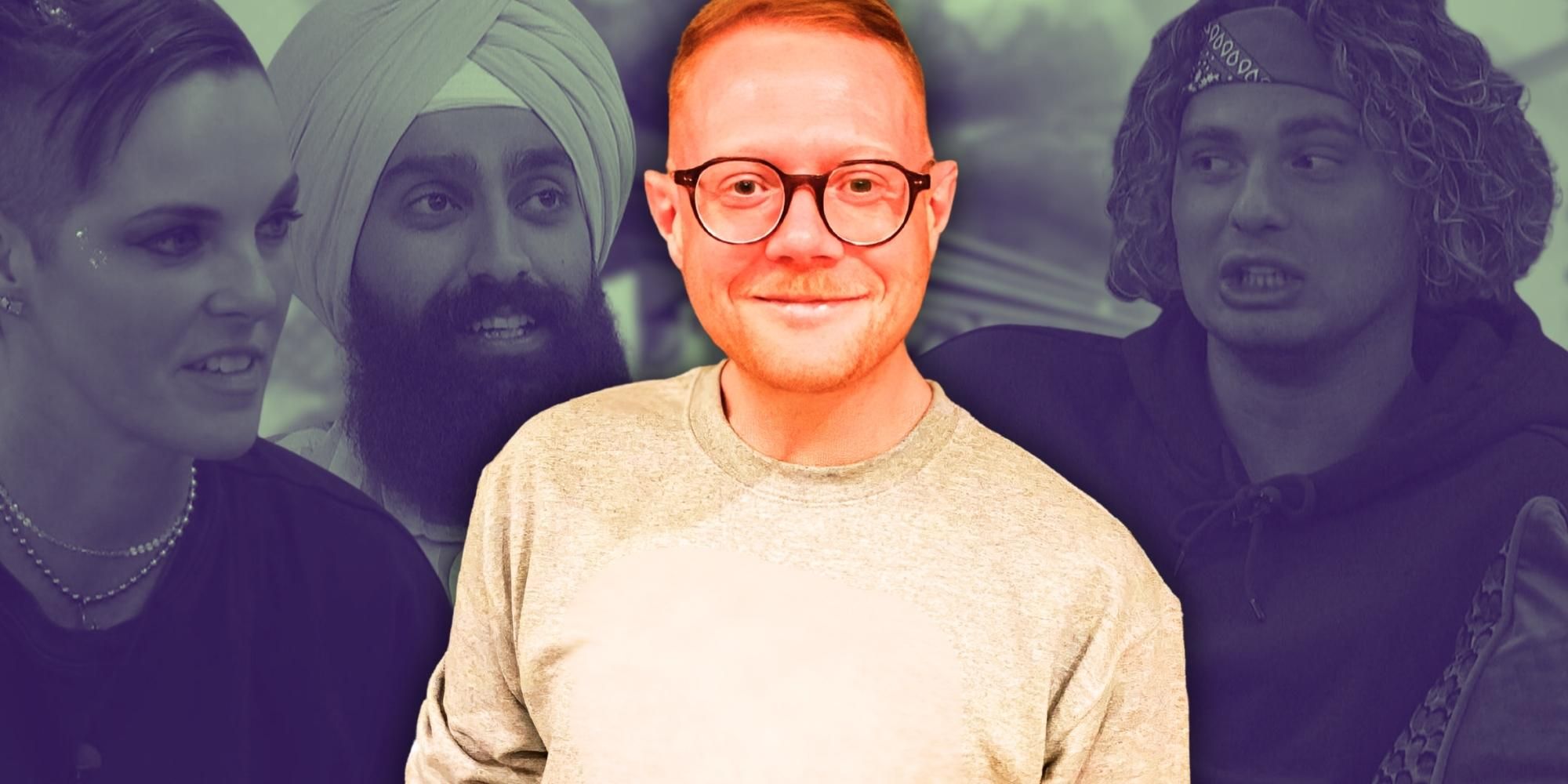 Andy Herren, flanked by Big Brother 25 final 3 Jag Bains, Matt Klotz &amp; Bowie Jane, with dark blue background