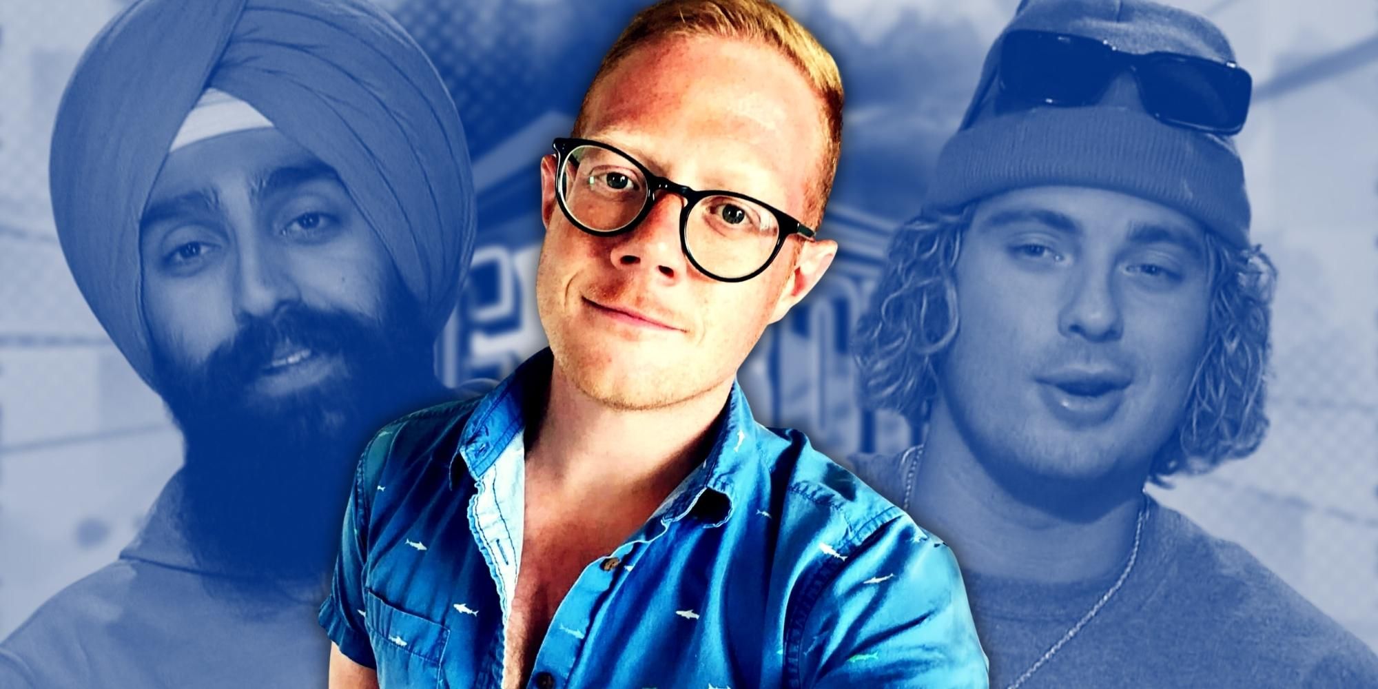 Big Brother alum Andy Herren, flanked by Matt Klotz and Jag Bains, with blue background