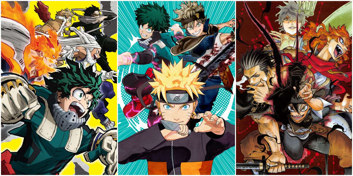 Imagem dividida apresentando os protagonistas de Naruto, Black Clover e My Hero Academia em frente a fundos coloridos