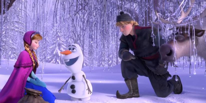 Anna introduces Olaf to Kristoff and Sven in Frozen