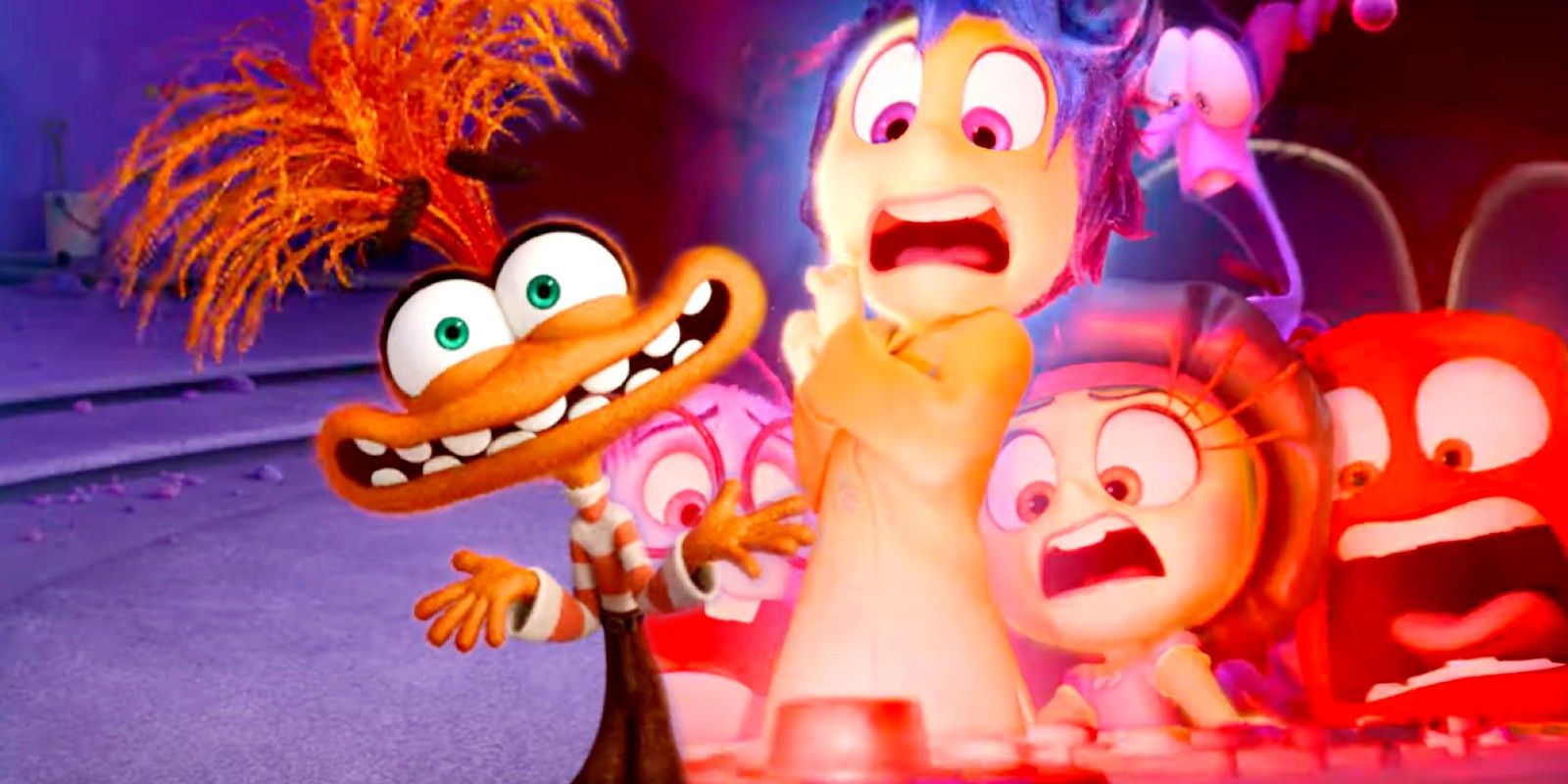 Anxiety smiling while Joy, Fear, and Disgust are scared in Inside Out 2