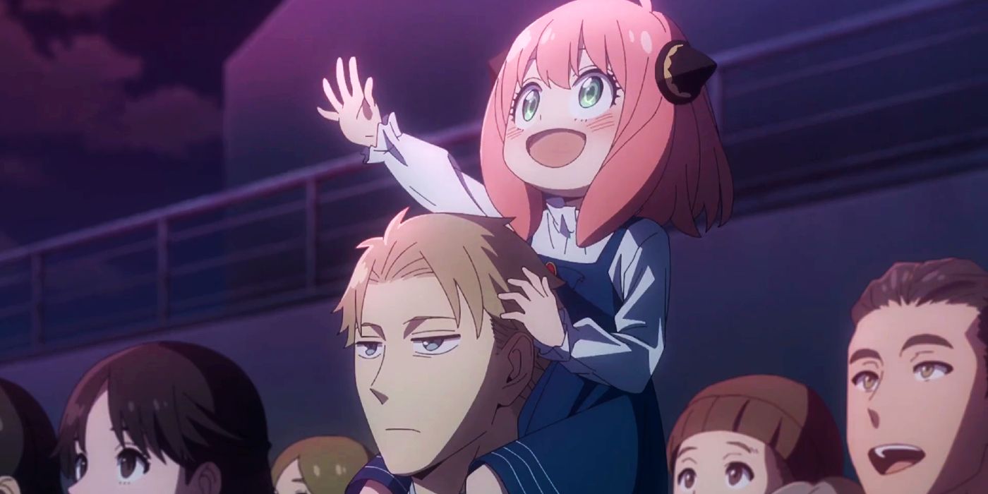 Anya smiling while on Loid's shoulders from Spy x Family