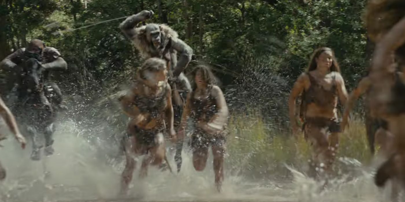 Apes chasing humans in Kingdom of the Planet of the Apes