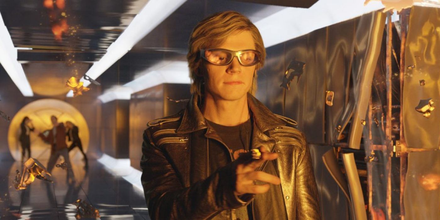 Evan Peters wearing a leather jacket and glasses as Quicksilver in X-Men: Apocalypse