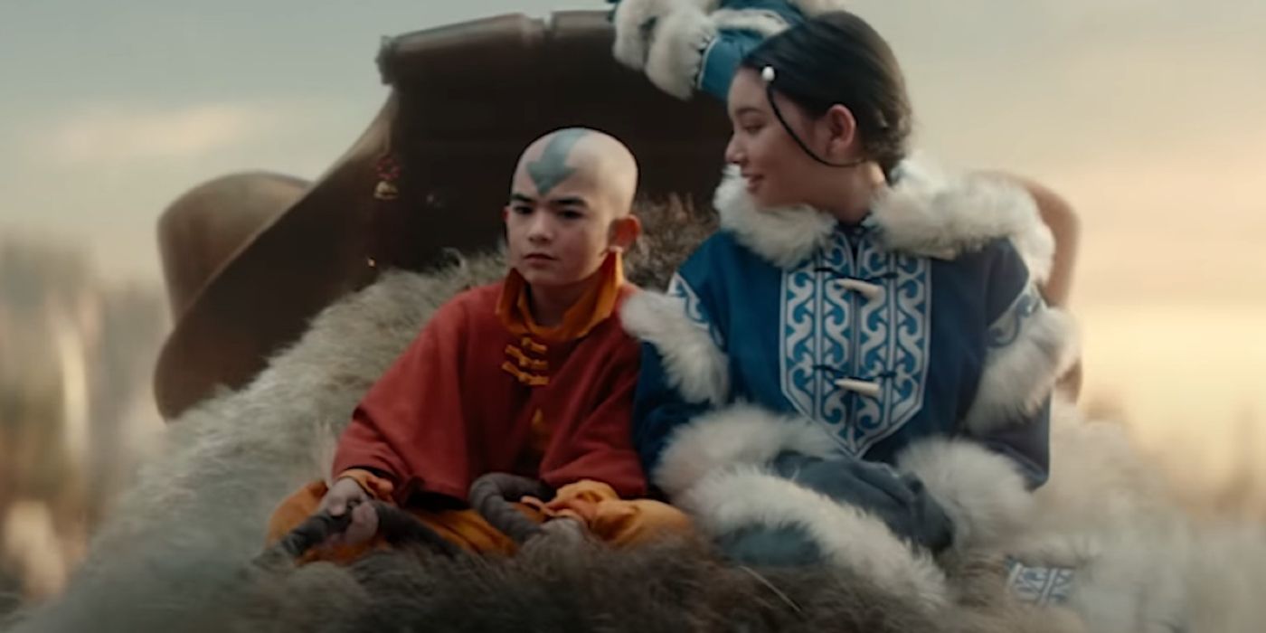 Katara and Aang riding on the front of Appa in Netflix's Avatar: The Last Airbender