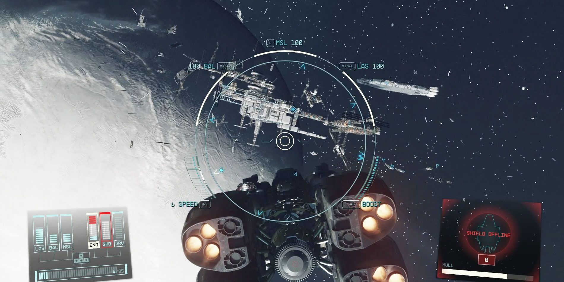 Spaceship approaching a destroyed space station in Starfield. 
