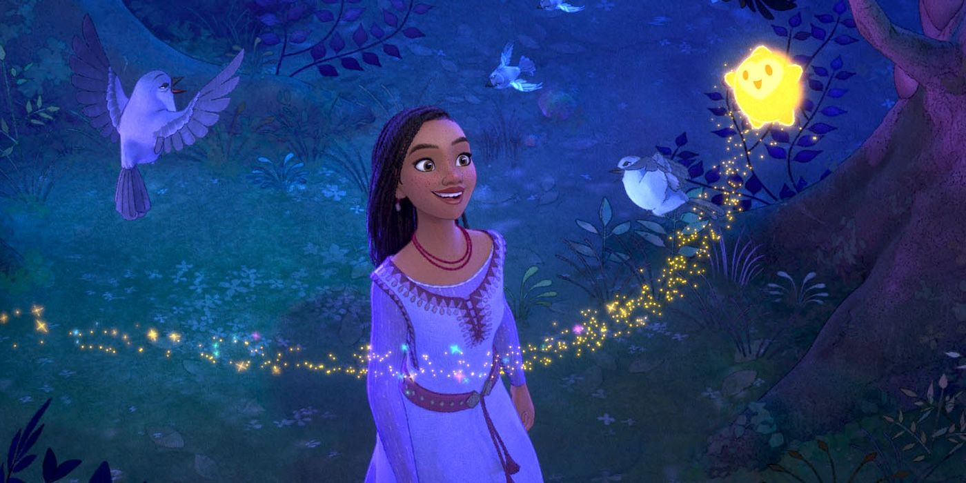 Asha watches a star fly around her with pixie dust following it in Disney's Wish.