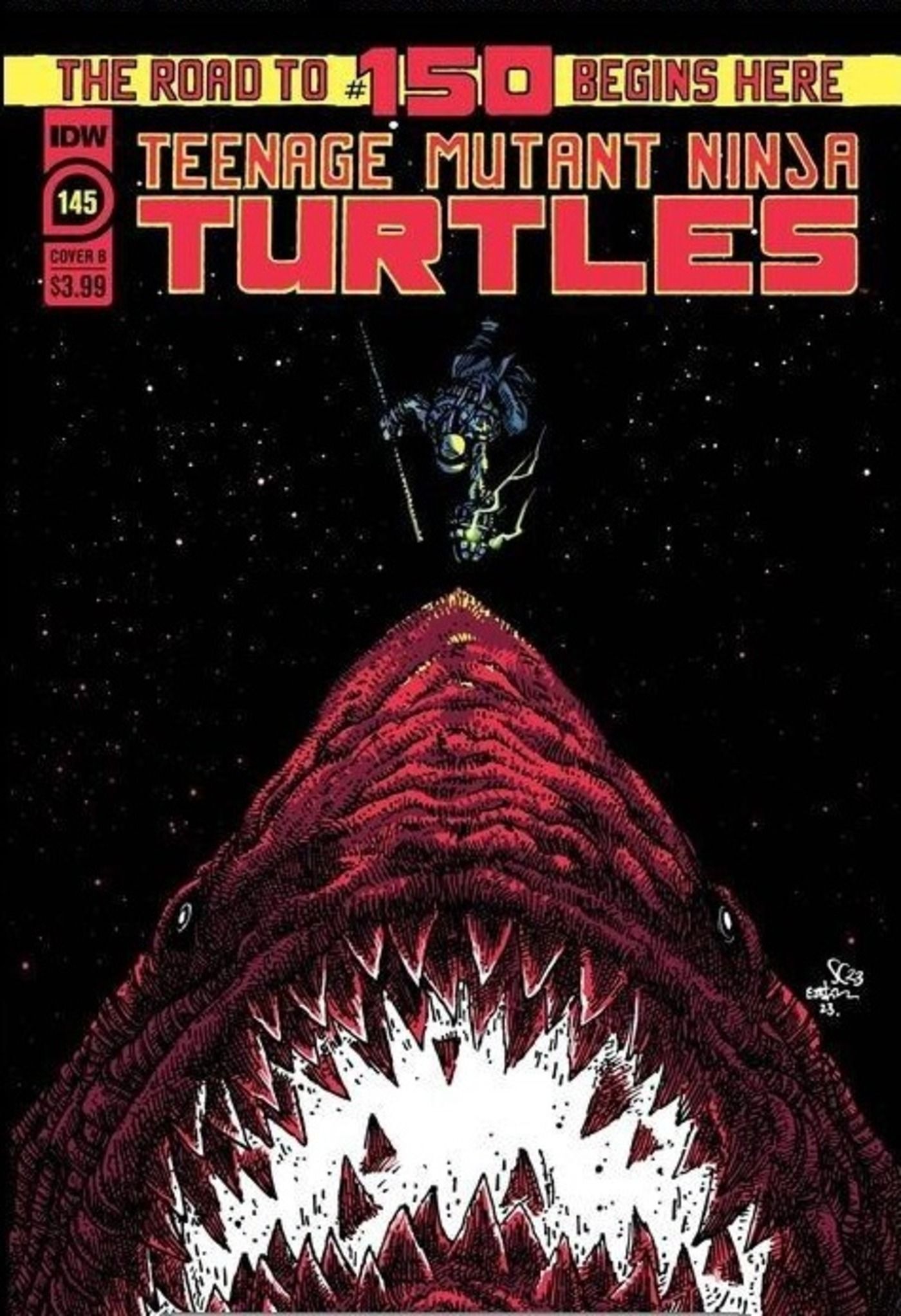 Jaws-inspired cover for IDW&rsquo;s TMNT #145, featuring Armaggon