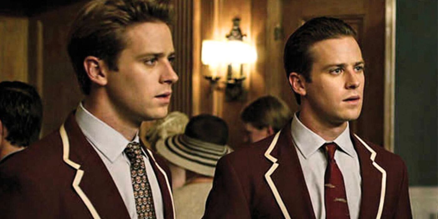 Armie Hammer playing both Winklevoss twins at a fancy party in The Social Network