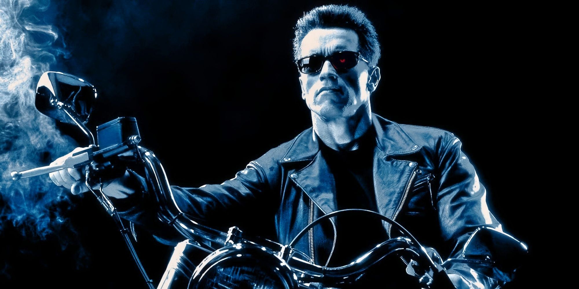 Arnold Schwarzenegger as the T-800 on a motorcycle in terminator 2