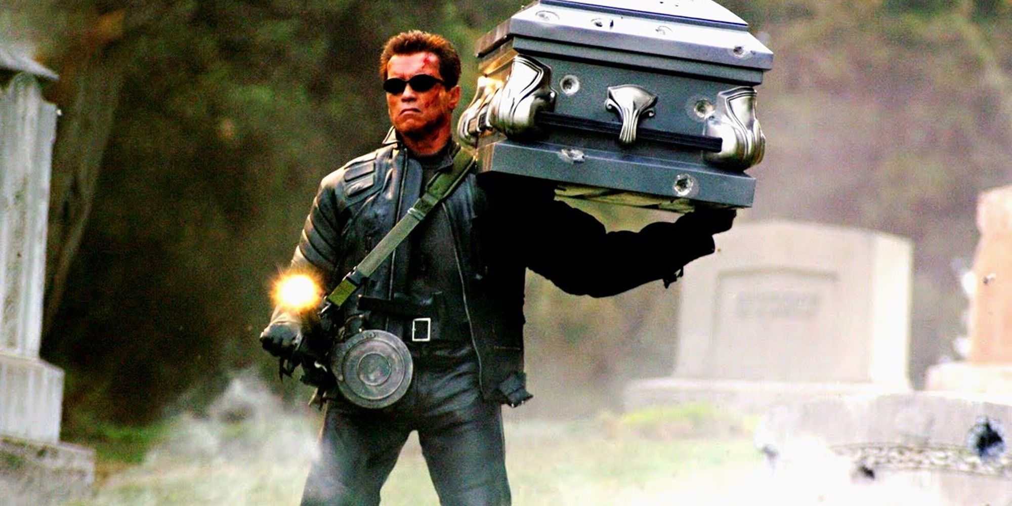 Arnold Schwarzenegger carrying a coffin in Terminator 3 Rise of the Machines