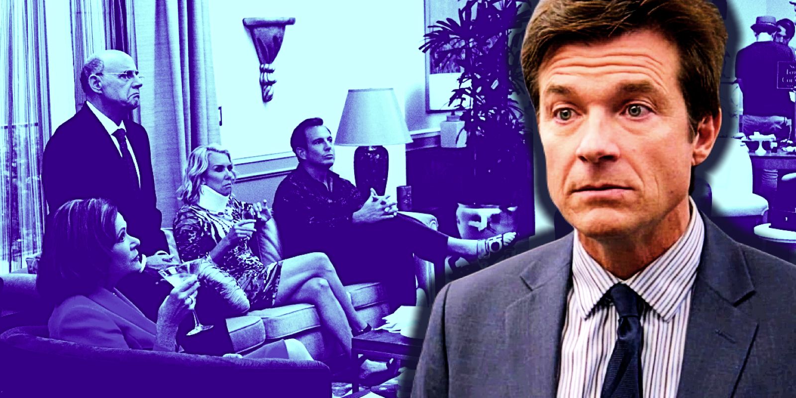 This collage shows Michael looking upset and the older members of the Bluth family setting on couches in Arrested Development.