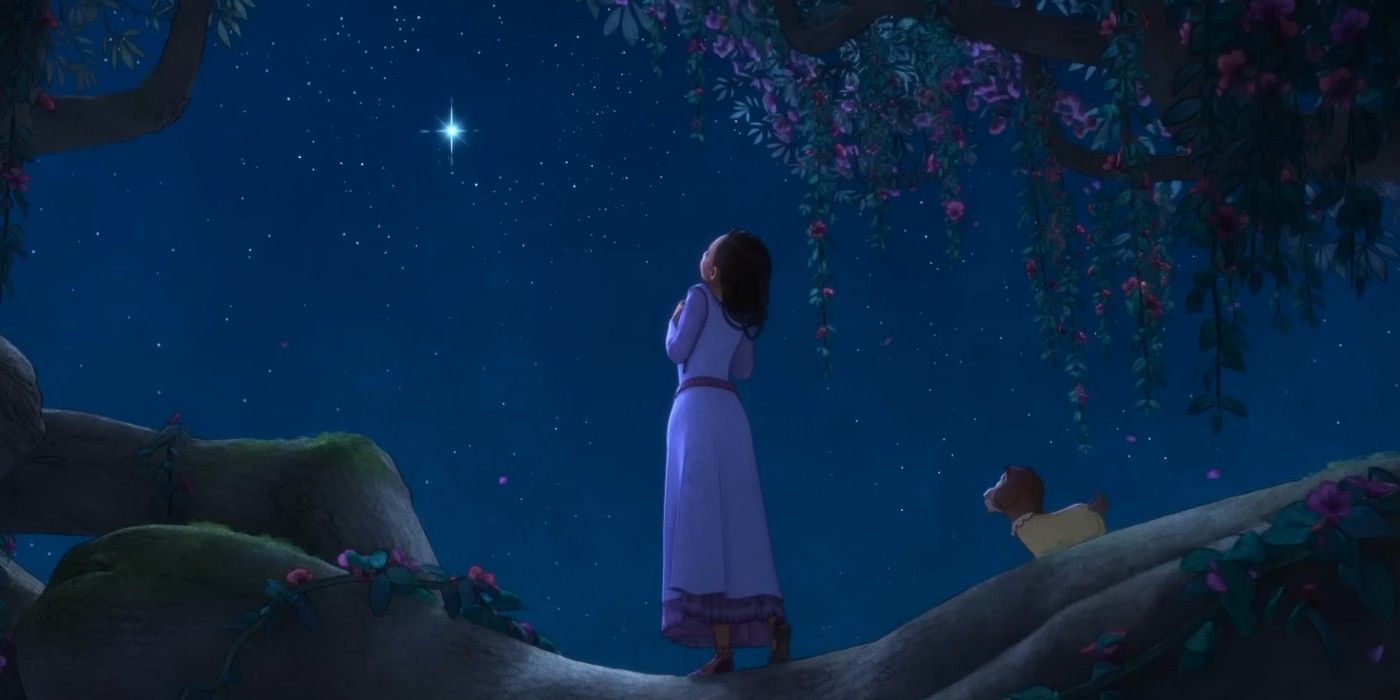 Asha le pide un deseo a una estrella mientras está parada en la rama de un árbol en Disney's Wish.