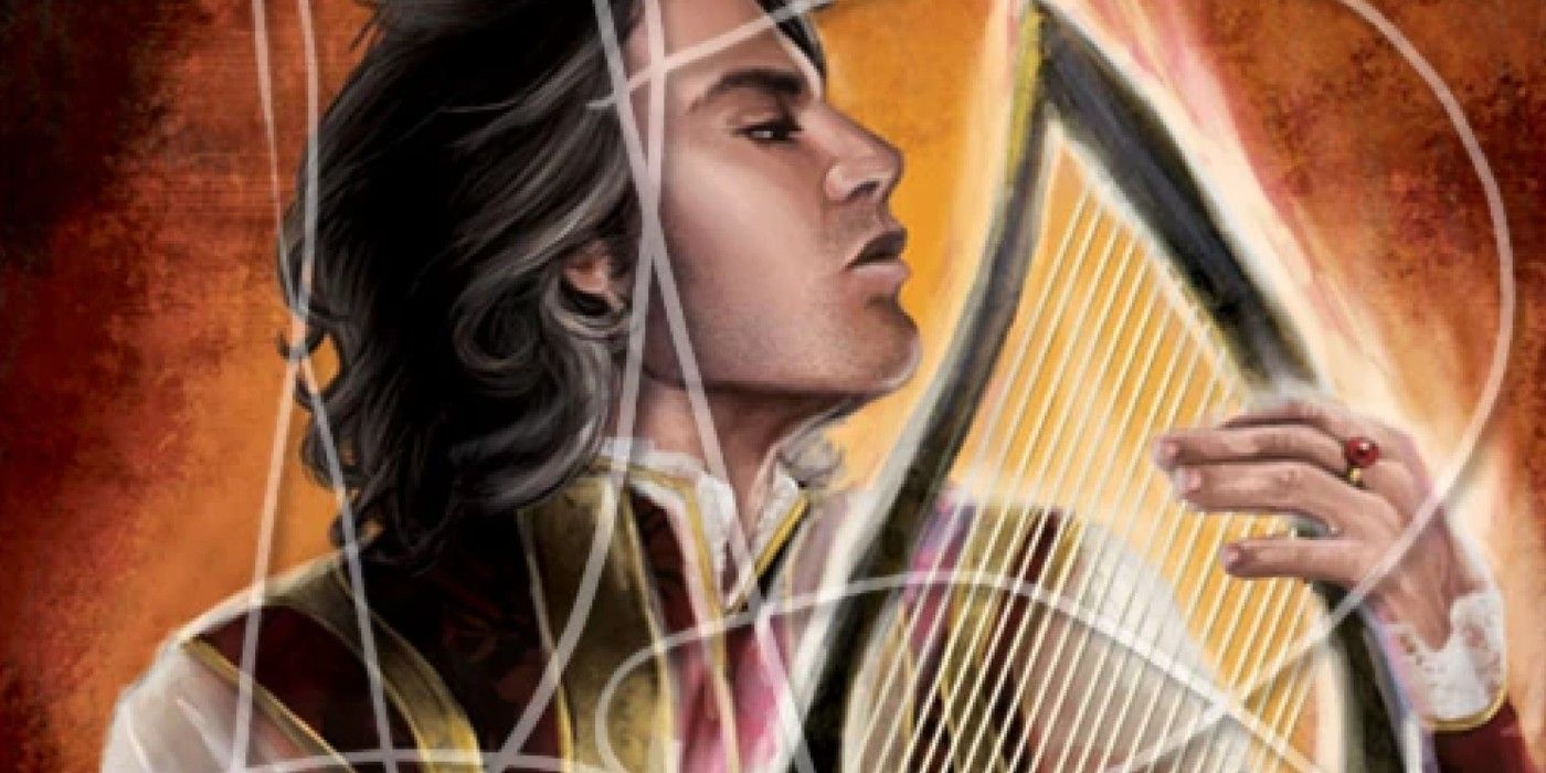 An illustration of Asmodean playing a harp in The Wheel Of Time.