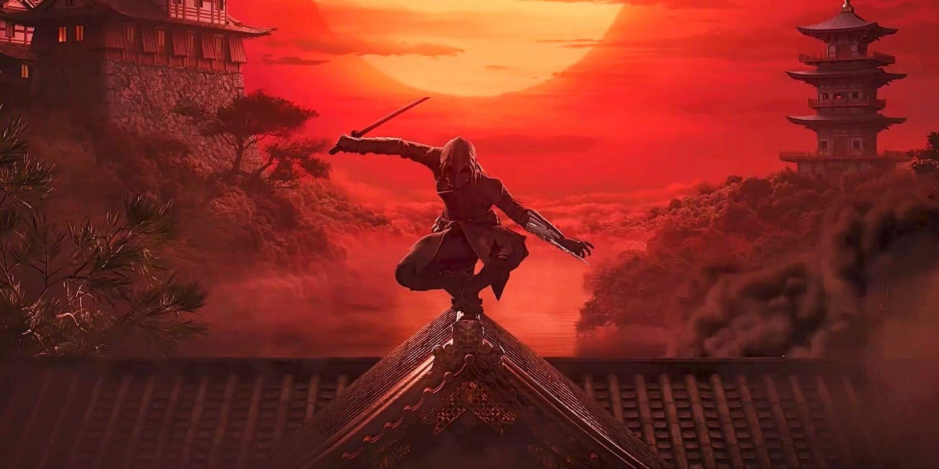 One of the protagonists of Assassin's Creed Red poised atop a building with katana in hand. A red sun rises in the background.