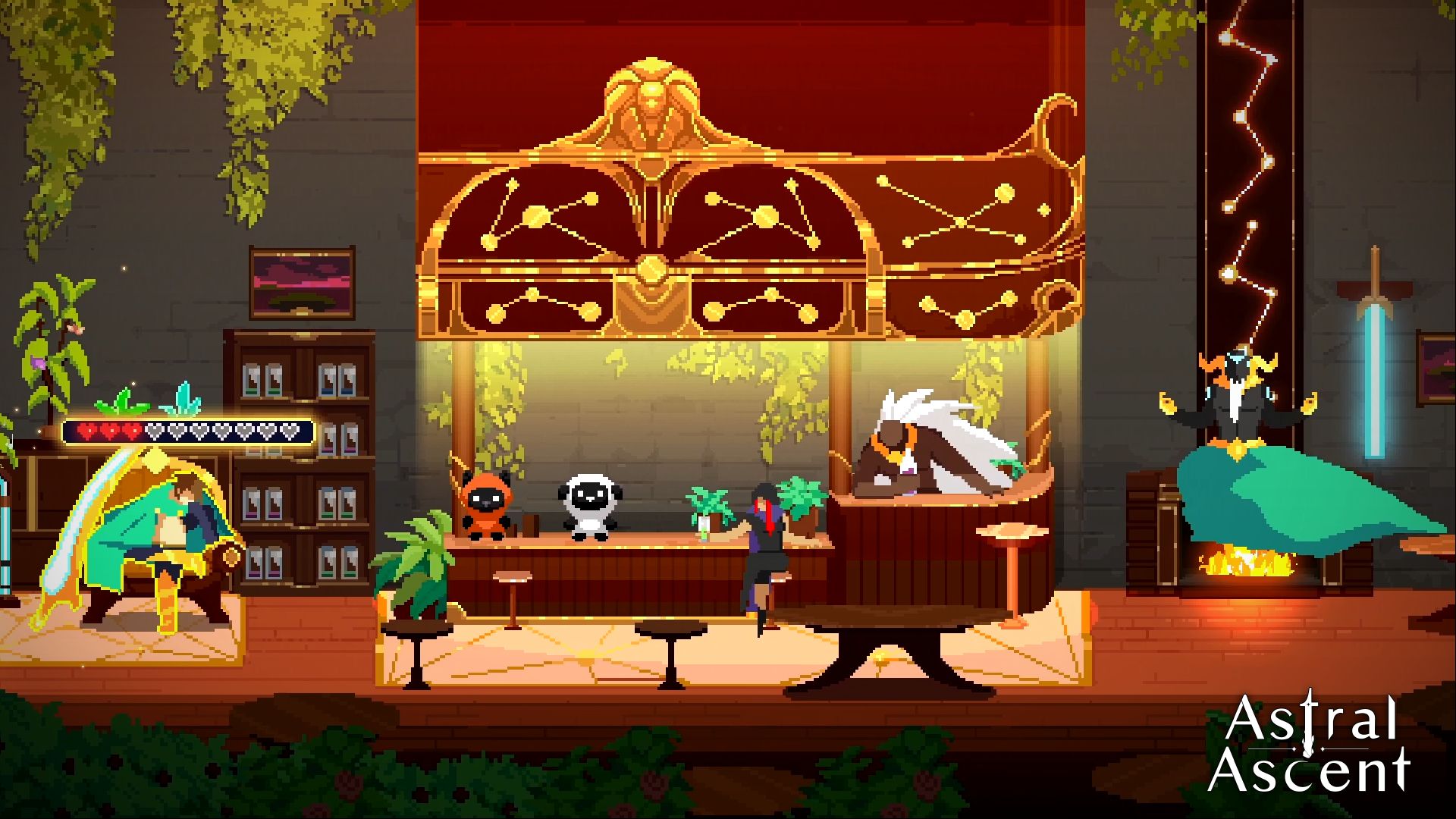 Una habitación con varios personajes sentados en un bar en Astral Ascent.
