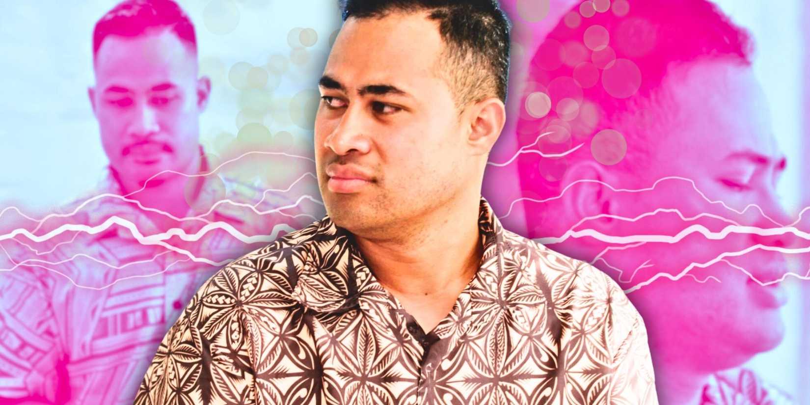 Asuelu pulaa from 90 day fiance looking disappointed in montage wearing brown printed shirt