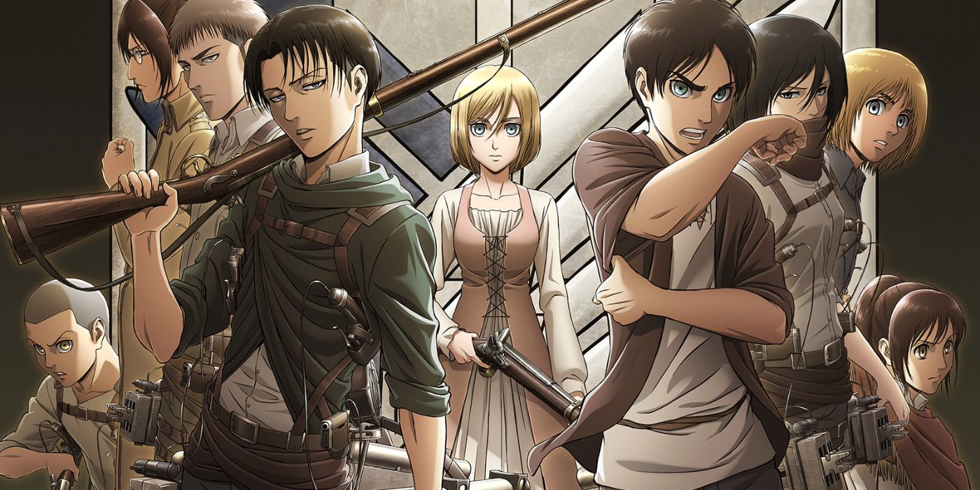 Ataque a Titã com Levi, Eren e outros posando com armas em frente a uma porta cinza