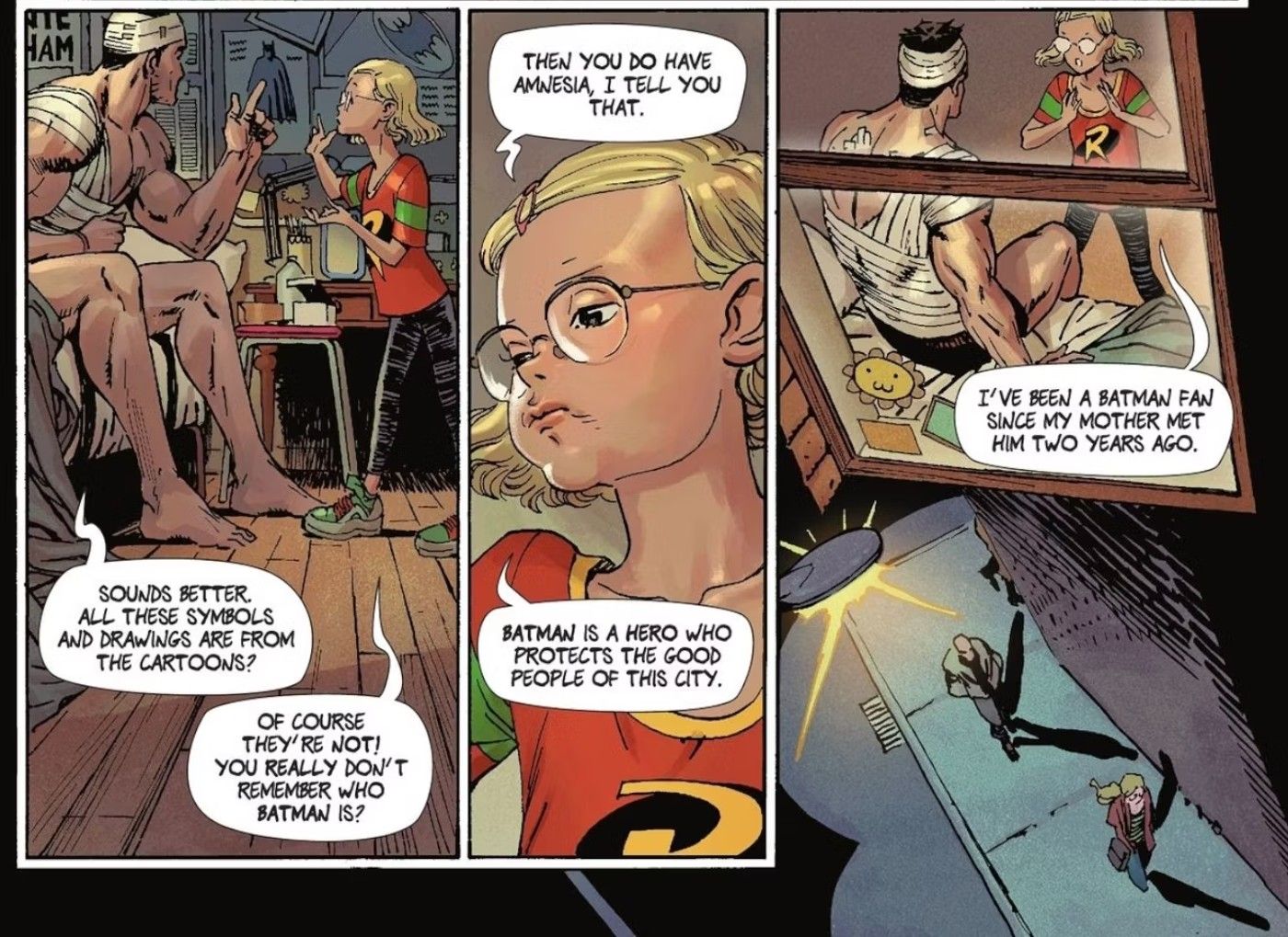 Aurora in a Robin Shirt Talks to Batman