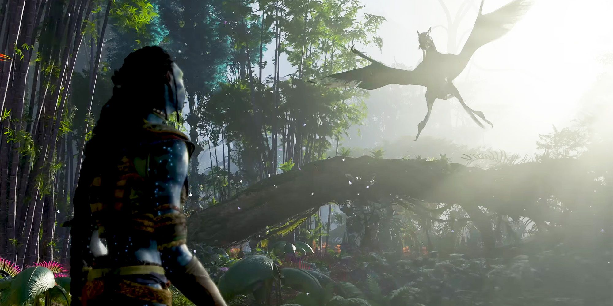 A Na'Vi from Avatar: Frontier of Pandora looking at a flying enemy