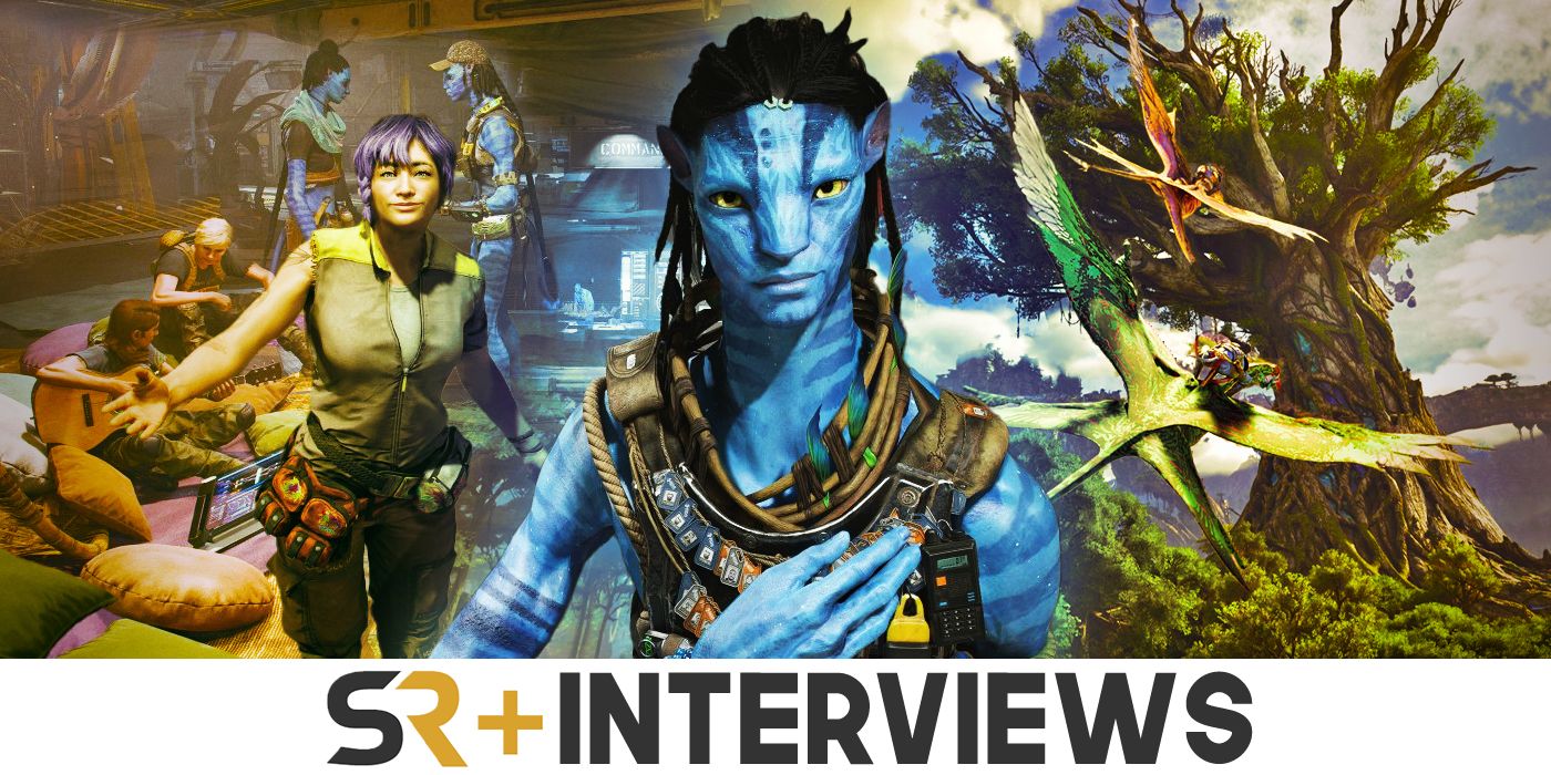 Personajes de Avatar Frontiers of Pandora y una banshee voladora con el logotipo de SR Interview a continuación.