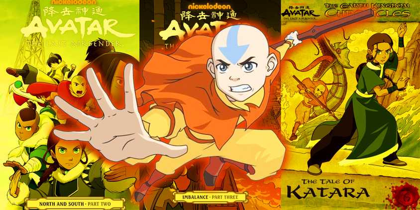 An image of Aang fighting in The Last Airbender superimposed over book covers from the spinoff novels