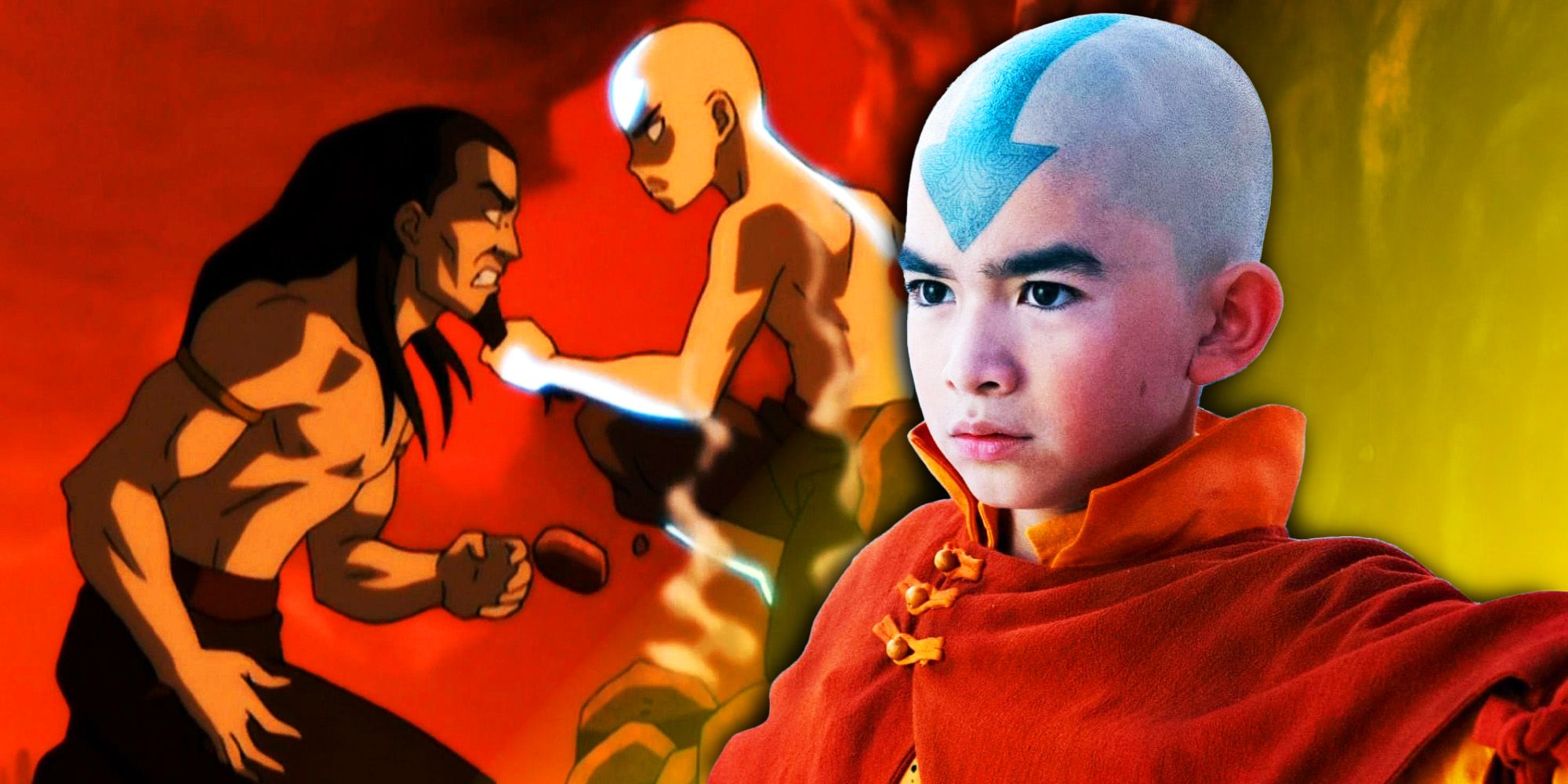 Animated Aang and Ozai fight in Avatar The Last Airbender's finale, with live-action Aang from Netflix's show on the right